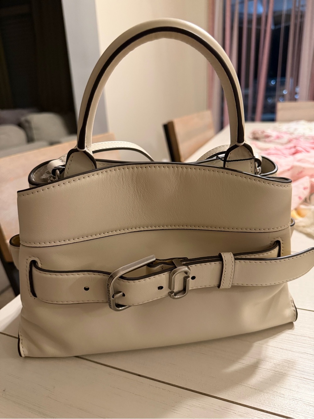 Marc Jacobs Cream Leather Mini Top-Handle Bag with Buckle
